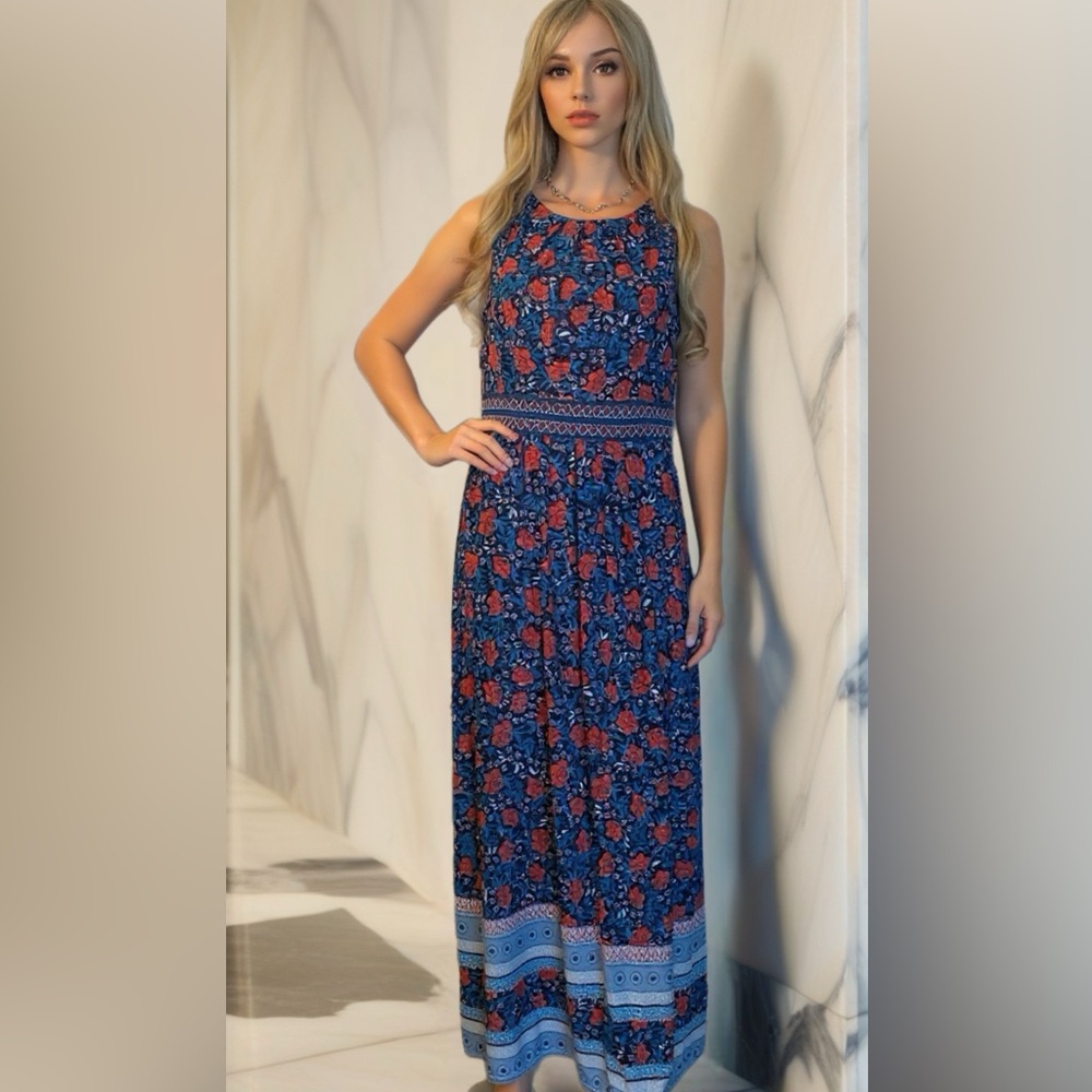 Chic Blue and Red Floral Maxi Dress